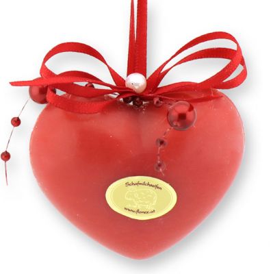 Sheep milk soap heart chubby medium 60g hanging decorated with a pearl ribbon, Pomegranate 