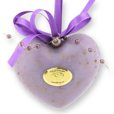 Sheep milk soap heart chubby medium 60g hanging, decorated with a pearl ribbon, Lavender 