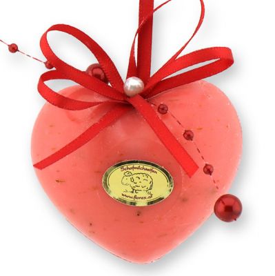 Sheep milk soap heart chubby medium 60g hanging decorated with a pearl ribbon, Rose with petals 