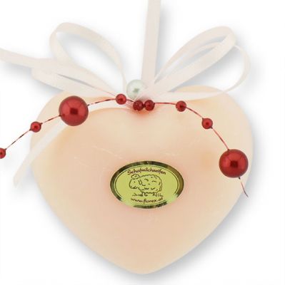 Sheep milk soap heart chubby medium 60g hanging decorated with a pearl ribbon, Peony 
