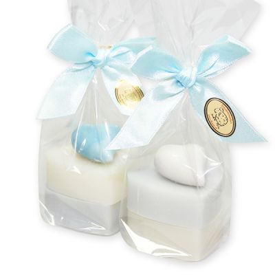 Sheep milk heart soap 23g, decorated with a ceramic heart in a cellophane, Classic/'forget-me-not' 