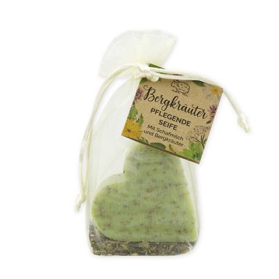 Sheep milk soap heart 85g with mountain herbs in organza bag "feel-good time", Mountain herbs 