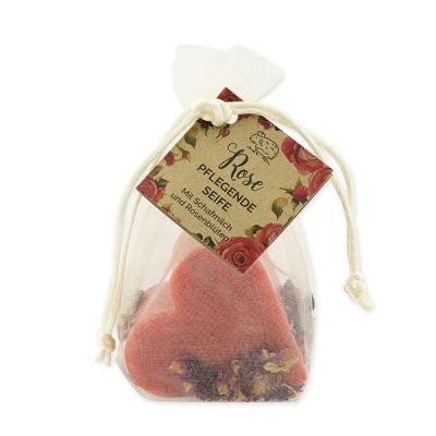 Sheep milk soap heart 85g with rose petals in organza bag "feel-good time", Rose with petals 