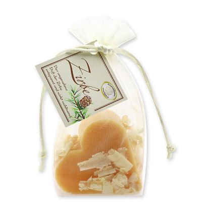 Sheep milk soap heart 85g with swiss pine shavings in organza, Swiss pine 