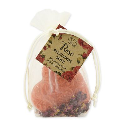 Sheep milk soap heart Florex 80g with rose petals in organza bag "feel-good time", Rose with petals 