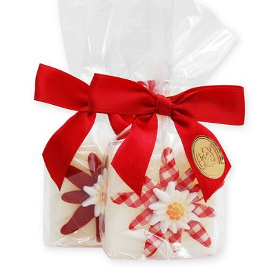 Sheep milk quadrat soap 35g, decorated with a red edelweiss in a cellophane, Classic 