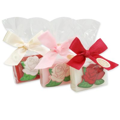 Sheep milk guest soap 25g, decorated with wooden rose, sorted 