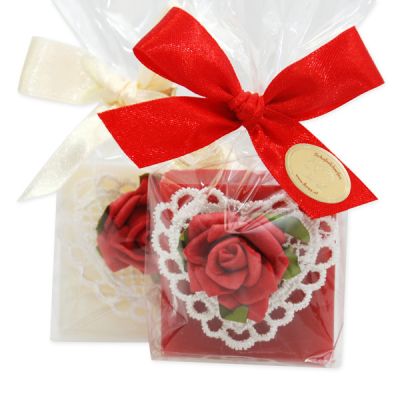Sheep milk quadrat soap 35g decorated with a heart packed in a cellophane bag, Classic/Pomegranate 