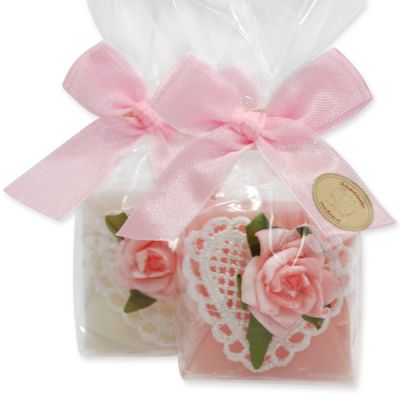 Sheep milk soap quadrat 35g, decorated with a rose in a cellophane, Classic/peony 