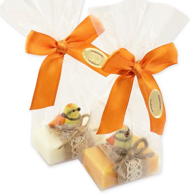 Sheep milk guest soap 25g decorated with a bird in a cellophane bag, Classic/orange 