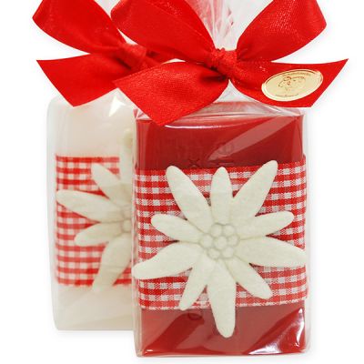 Sheep milk soap square 100g decorated with a edelweiss packed in a cellophane bag, Edelweiss/Pomegranate 