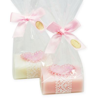Sheep milk soap 100g, decorated with fabric heart packed in a cellophane bag, Classic/peony 