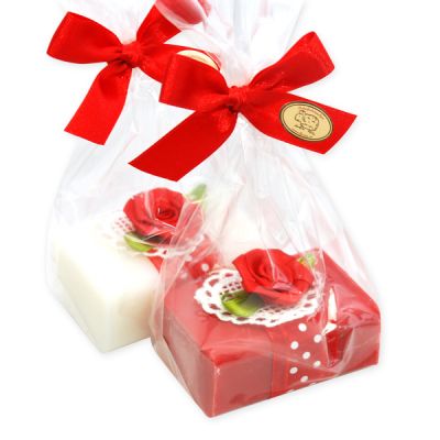 Sheep milk soap square 100g decorated with a rose packed in a cellophane bag, Classic/Pomegranate 