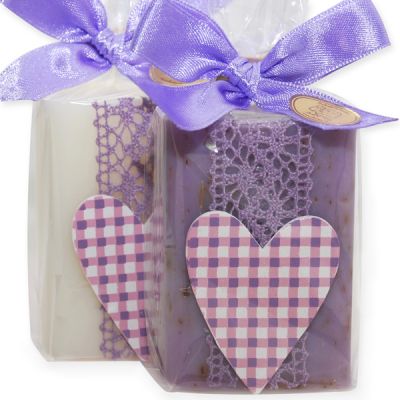Sheep milk soap 100g, decorated with a wooden hear in a cellophane, Classic/lavender 