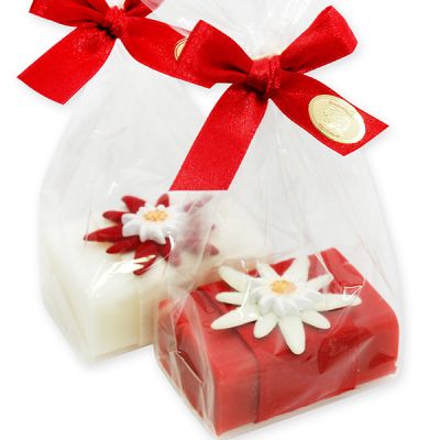 Sheep milk soap 100g decorated with a edelweiss packed in a cellophane bag, Edelweiss/Pomegranate 