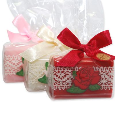 Sheep milk soap 100g, decorated with a wooden rose in a cellophane, sorted 