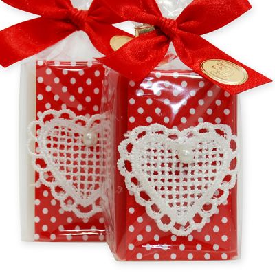 Sheep milk soap square 100g decorated with a crocheted heart packed in a cellophane bag, Classic/Pomegranate 