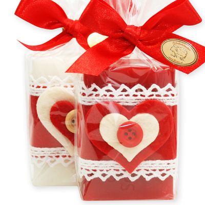 Sheep milk soap square 100g decorated with a heart with a button packed in a cellophane bag, Classic/Pomegranate 