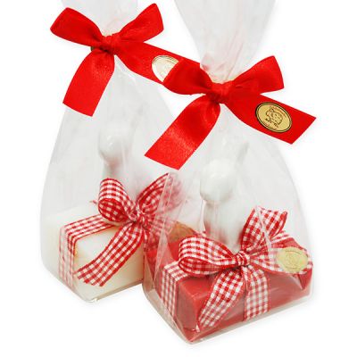 Sheep milk soap 100g, decorated with a ceramic rabbit in a cellophane, Classic/pomegranate 