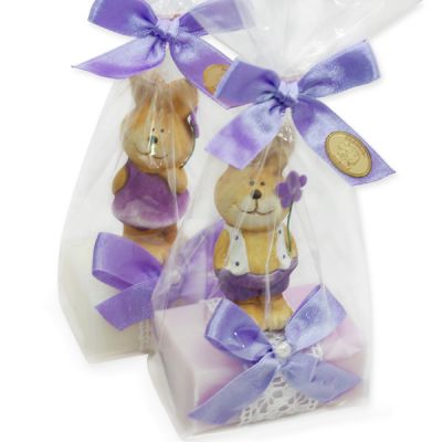 Sheep milk soap 100g, decorated with a ceramic rabbit in a cellophane, Classic/lilac 