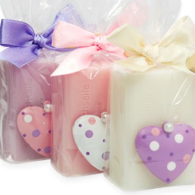 Sheep milk soap 100g, decorated with a dotted heart in a cellophane, sorted 
