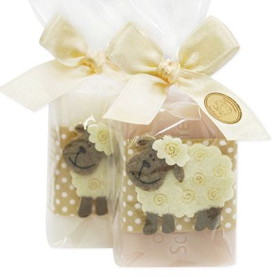 Sheep milk soap 100g, decorated with a sheep and a dotted ribbon in a cellophane, Classic/Almond oil 