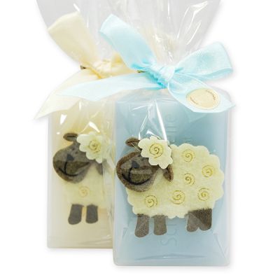 Sheep milk soap 100g, decorated with a sheep packed in a cellophane bag, Classic/Forget me not 
