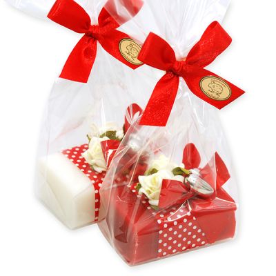 Sheep milk soap square 100g decorated with roses packed in a cellophane bag, Classic/Pomegranate 