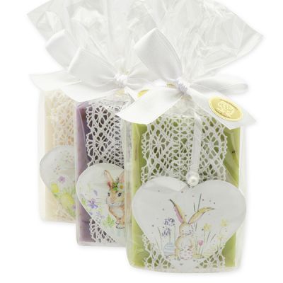 Schafmilchseife eckig 150g dekoriert mit Herz Ostern in Cello, Classic/Eisenkraut/Lavendel 