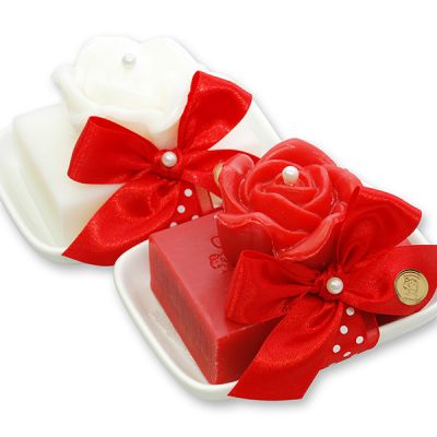 Sheep milk soap 150g on a soap dish decorated with a soap rose "Florex" 54g, Classic/rose 