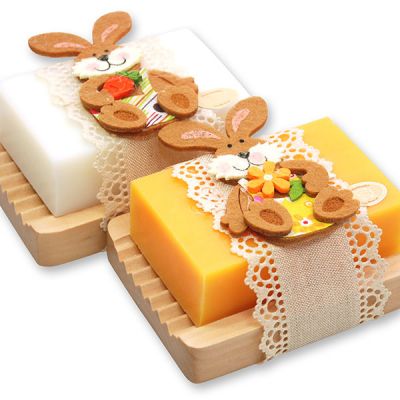 Sheep milk soap 150g on a wooden soap dish decorated with a rabbit, Classic/Honey 