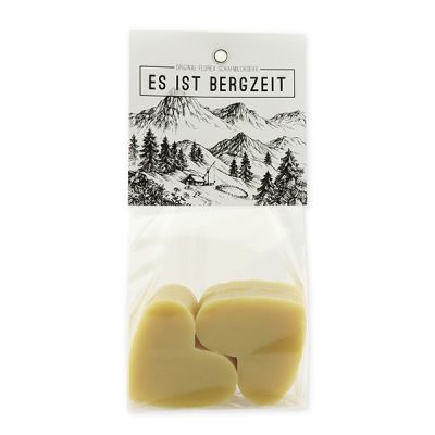 Sheep milk soap heart 4x23g packed in a cellophane bag "Es ist Bergzeit", Swiss pine 