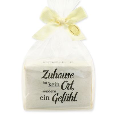 Sheep milk soap 150g packed in a cellophane bag "Zuhause ist kein Ort...", Swiss pine 