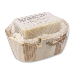 Cold-stirred special soap 100g in a wodden basket packed in cello "Love for tradition", Hair soap 