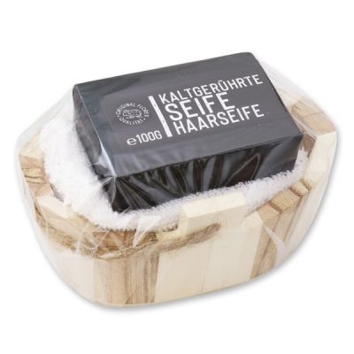 Cold-stirred special soap 100g wooden basket in cello "Black Edition", Hair soap 