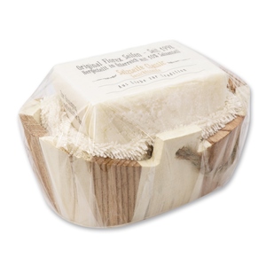 Cold-stirred special soap 100g and a washing cloth in a wodden basket packed in cello "Love for tradition", Salt classic 