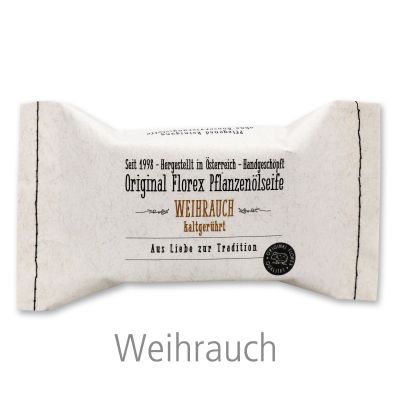 Kaltgerührte Seife 100g im genähten Papierbeutel "Aus Liebe zur Tradition", Weihrauch 