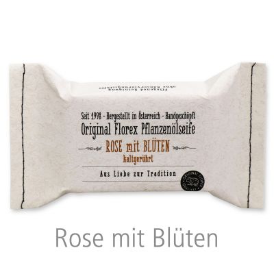 Kaltgerührte Seife 100g im genähten Papierbeutel "Aus Liebe zur Tradition", Wildrose mit Blüten 