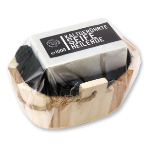Cold-stirred special soap 100g wooden basket in cello "Black Edition", Healing earth 