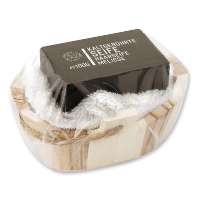 Cold-stirred special soap 100g wooden basket in cello "Black Edition", Hair soap melissa 