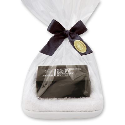 Cold-stirred special soap 100g on a soap dish in cello "Black Edition", Hair soap melissa 