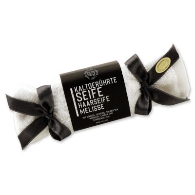 Cold-stirred special soap 100g in a washing cloth white "Black Edition", Hair soap melissa 