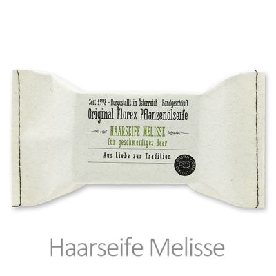 Kaltgerührte Spezialseife 100g im genähten Papierbeutel "Aus Liebe zur Tradition", Haarseife Melisse 