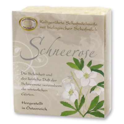 Cold-stirred sheep milk soap 150g with classic labelling, Christmas rose white 