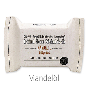Kaltgerührte Seife 150g im genähten Papierbeutel, Mandelöl 