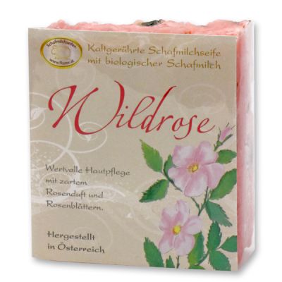 Cold-stirred sheep milk soap 150g with classic labelling, Wild rose with petals 