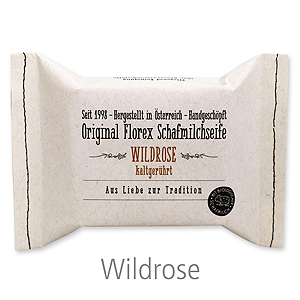 Kaltgerührte Seife 150g im genähten Papierbeutel, Wildrose 