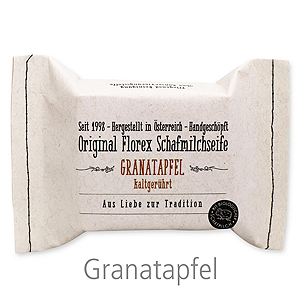 Kaltgerührte Seife 150g im genähten Papierbeutel, Granatapfel 