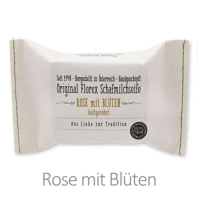 Kaltgerührte Seife 150g im genähten Papierbeutel, Rose mit Blüten 