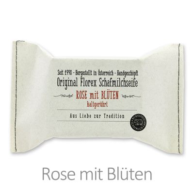 Kaltgerührte Seife 150g im genähten Papierbeutel, Rose mit Blüten 